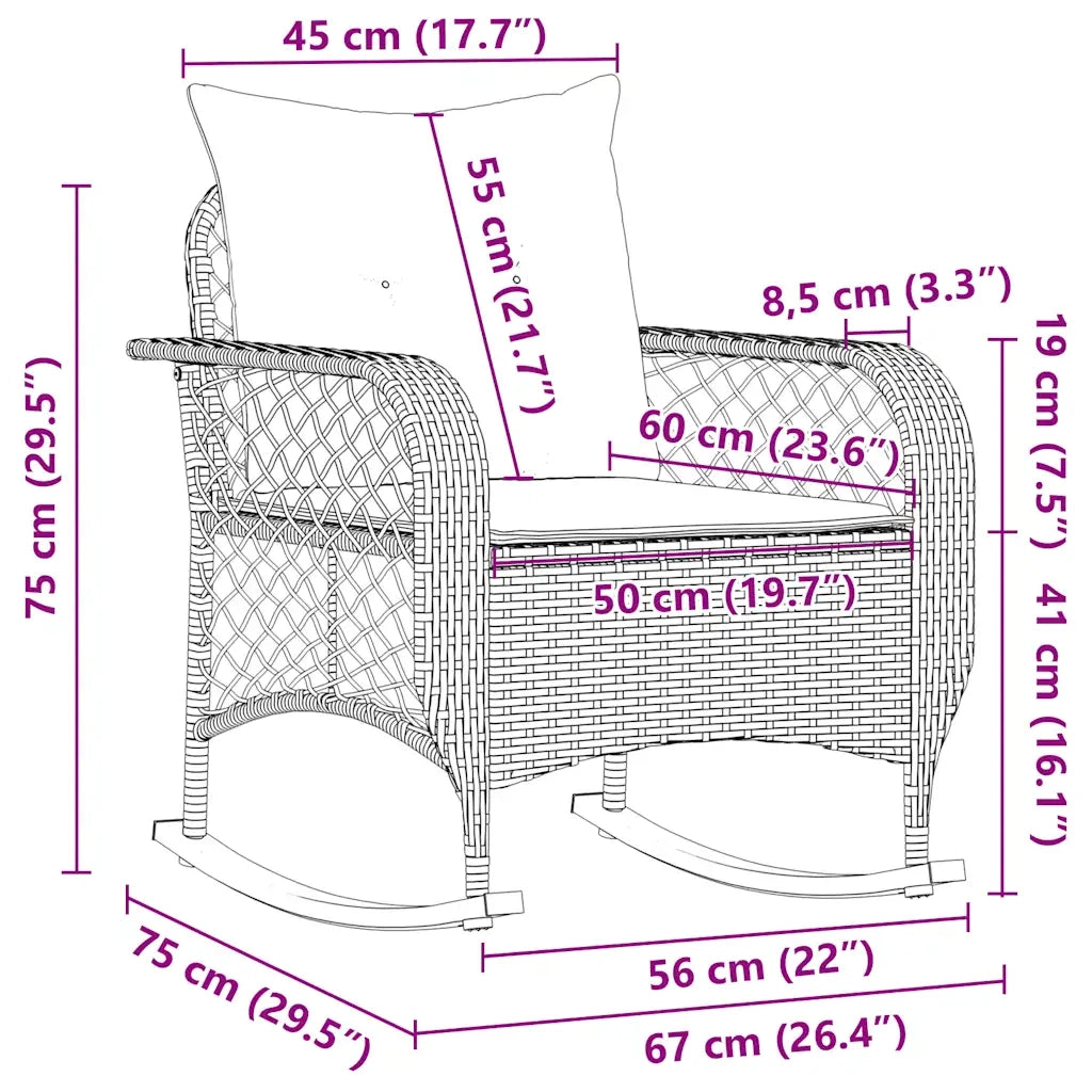 Sedia a Dondolo da Giardino con Cuscini in Polyrattan Nero