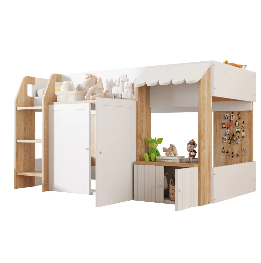 Letto a soppalco per bambini 90x200 cm bianco e legno