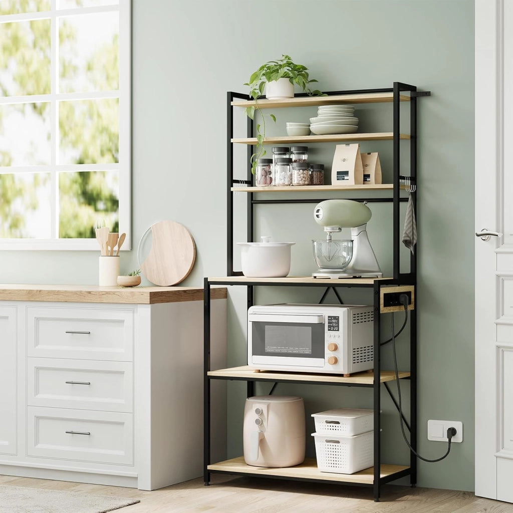 Scaffale da Cucina a 6 Livelli con Prese di Corrente, Scaffale per Microonde con Struttura in Metallo e Piano di Lavoro Aperto, Nero+Rovere Chiaro, 80x39,5x167cm