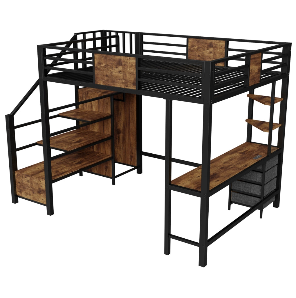 Letto a soppalco 140x200 cm in metallo con scrivania; ripiani; asta appendiabiti; LED e presa; nero