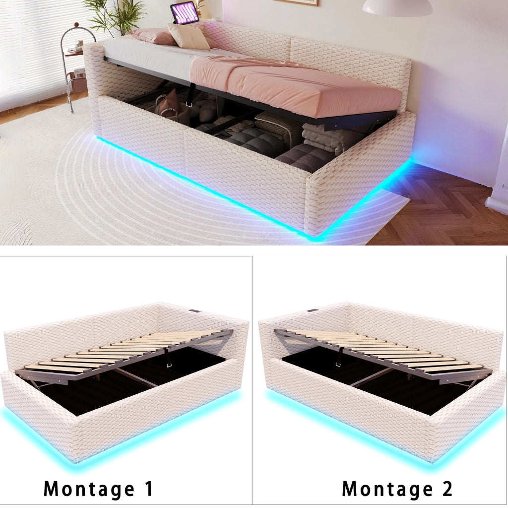 Letto multifunzione 90x200 cm con LED, ricarica USB-C e vano contenitore