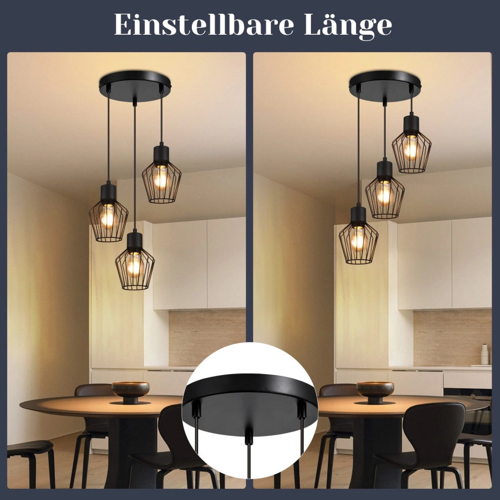 Lampada a sospensione ZMH rotonda a 3 lampadine LED nera E27 retr¨° in metallo
