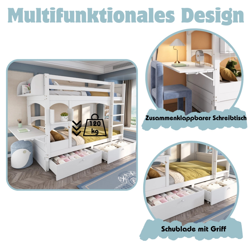 Letto a castello per bambini 90x200 cm in legno massello e MDF bianco con scrivania pieghevole e 2 cassetti