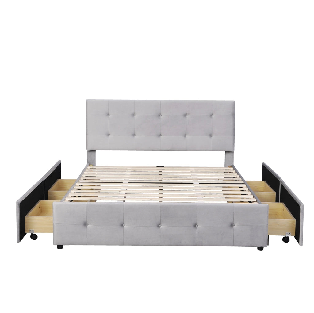 Letto matrimoniale 140x200 cm con 4 cassetti; struttura robusta; velluto imbottito; grigio