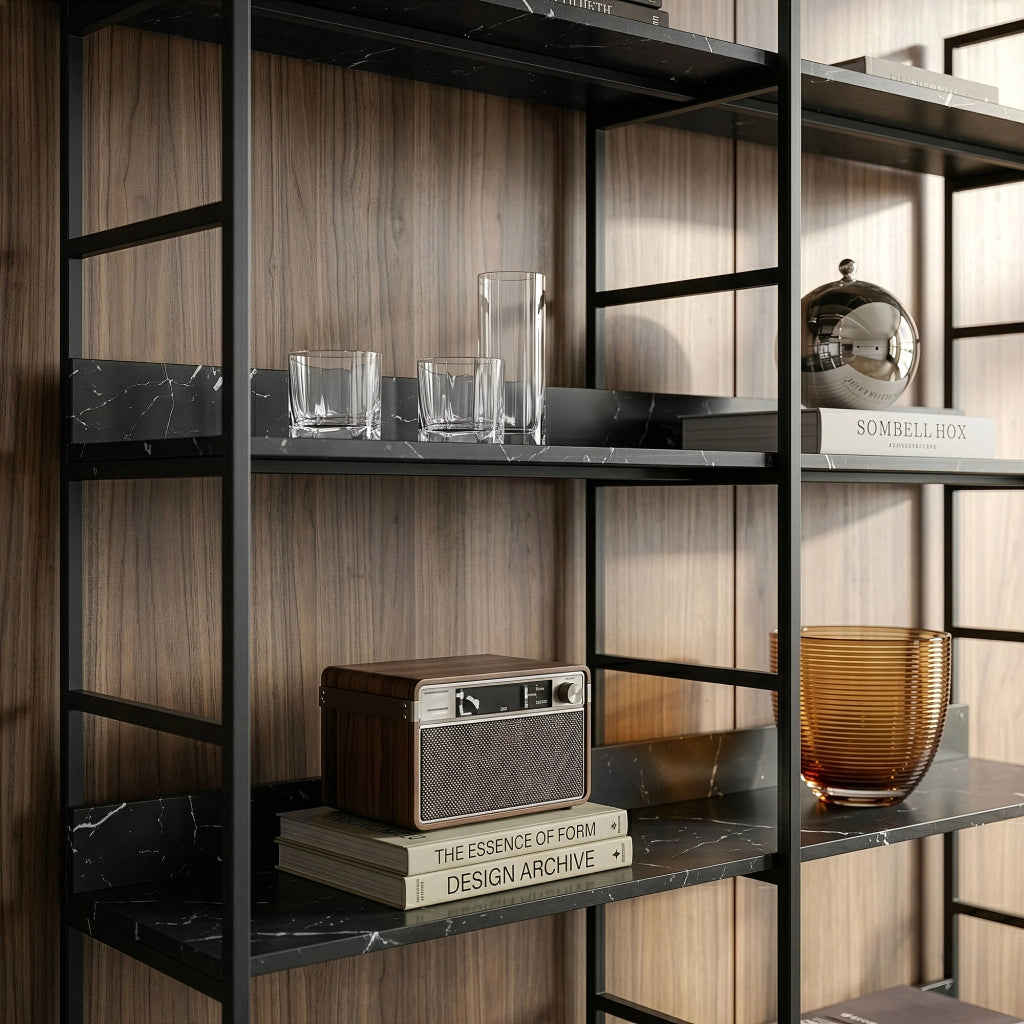 Libreria Noskik Scaffale da Terra con Ripiani 180 x 120 x 30 cm - Nero / Effetto Marmo Nero [en.casa]