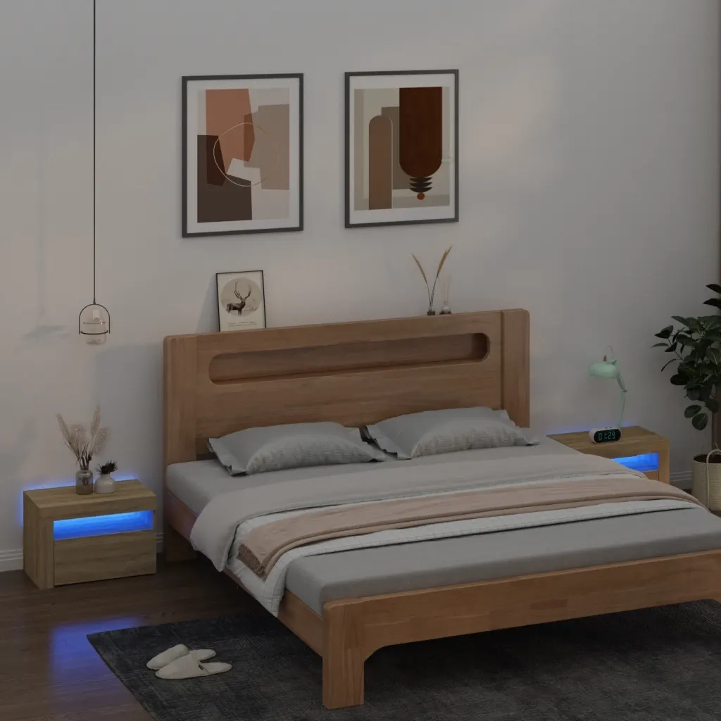 Comodini 2 pz con Luci LED-Set di 2 Tavolino da notte Rovere Sonoma 60x35x40 cm