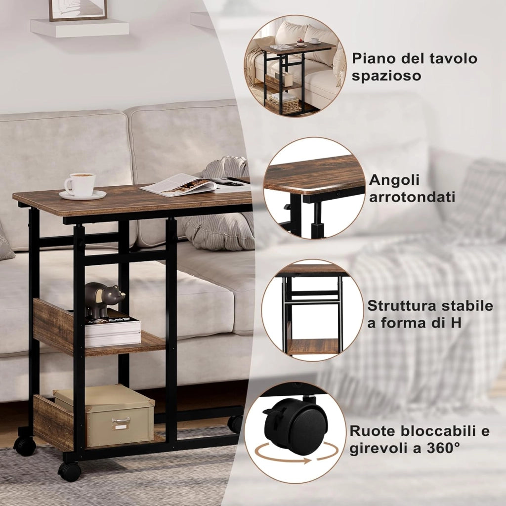Tavolino da Salotto a Forma di C, Tavolino da Caffè a 3 Livelli, Tavolo Divano Regolabile in Altezza con Ruote Universali, in Legno e Metallo, Rovere vintage + Nero, BTS08hov