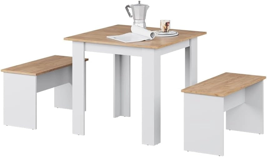 Set da pranzo Sentio, Quercia dorata/bianco, 80 x 80 cm con 2 panche, salvaspazio per zona pranzo e angolo colazione