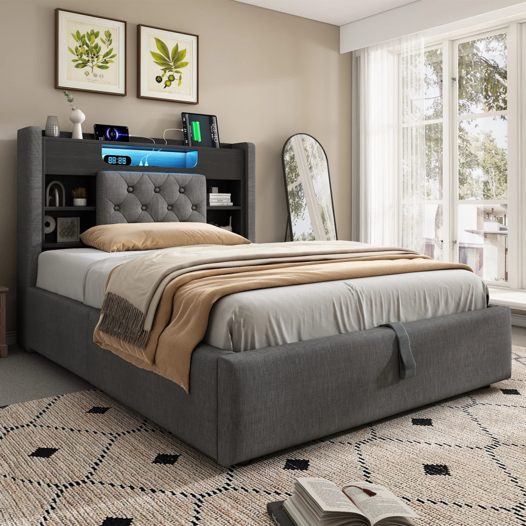 LETTO Contenitore 90x200 cm in lino grigio con LED e USB