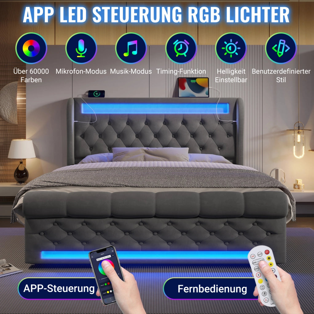 Letto imbottito idraulico con LED, USB e porta di tipo C, grigio, 140x190 cm