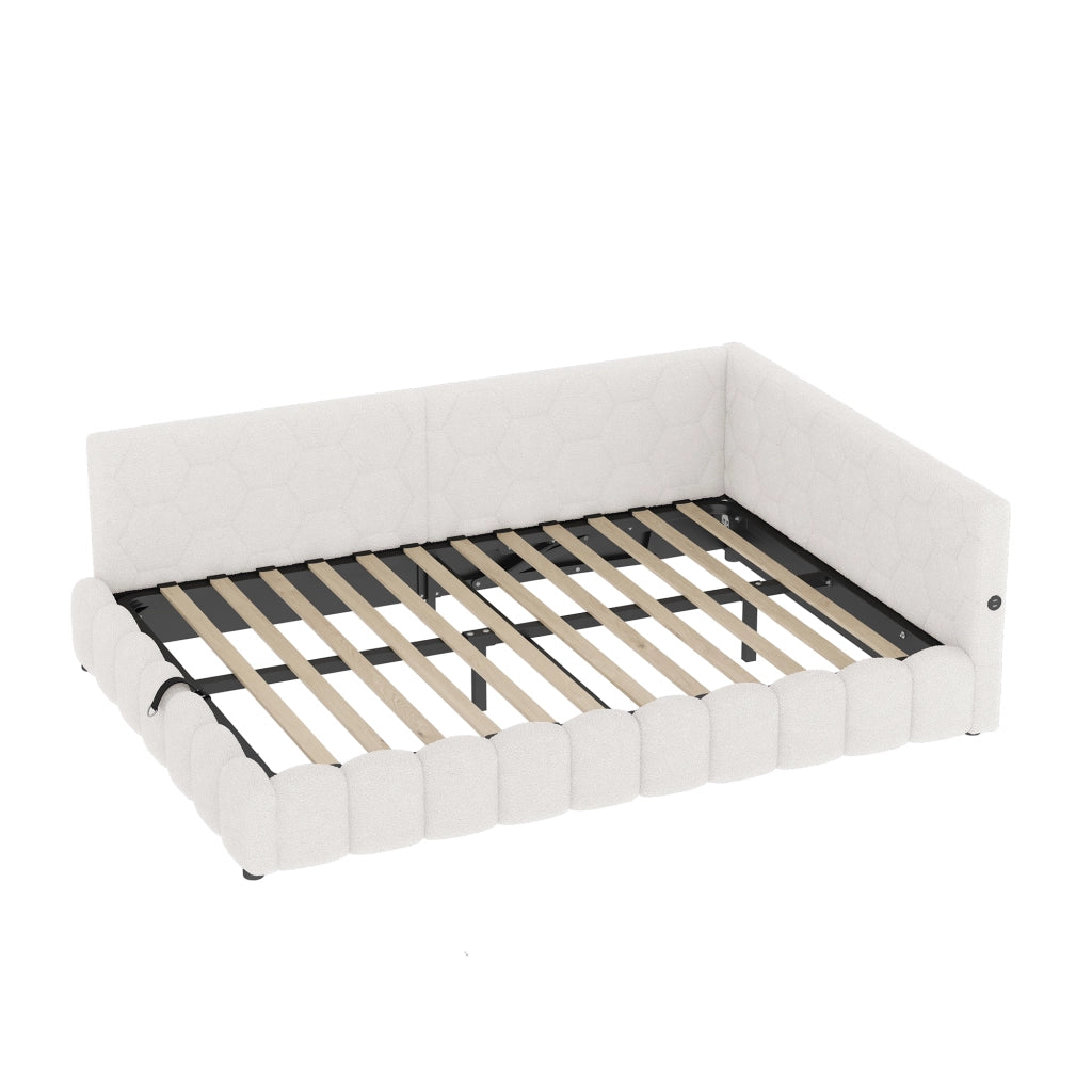 Letto a una piazza e mezza 140x200 cm con rete a doghe, contenitore idraulico, LED, USB e Type-C, bianco