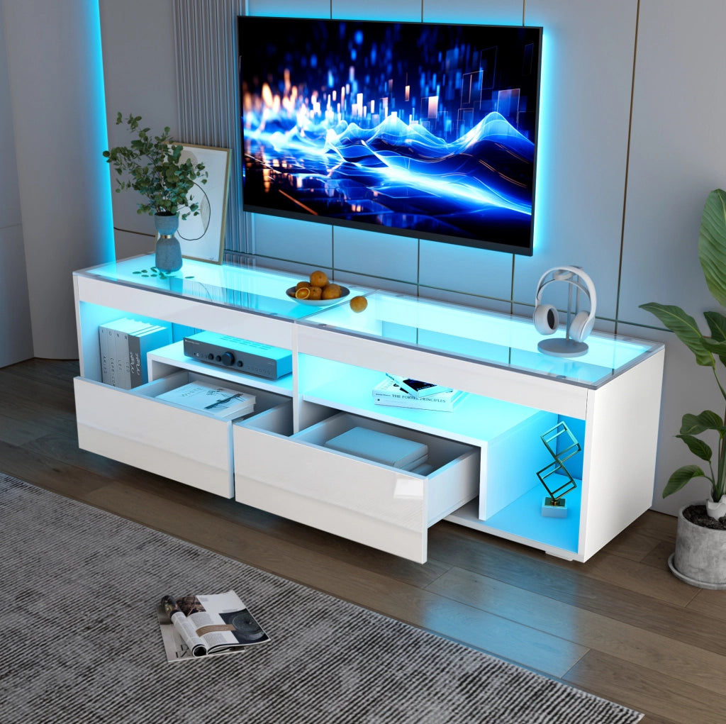 Mobile TV lucido bianco con LED e due cassetti