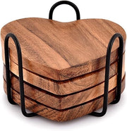 Sottopanchine a forma di cuore in legno di acacia - set da 4 con supporto per tavolo e decorazione