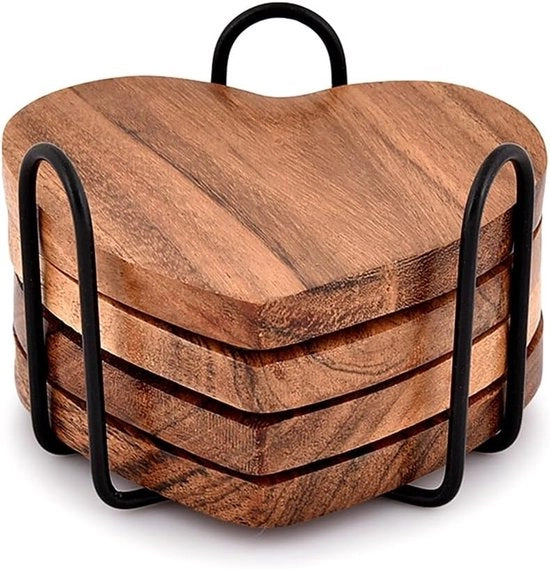 Sottopanchine a forma di cuore in legno di acacia - set da 4 con supporto per tavolo e decorazione