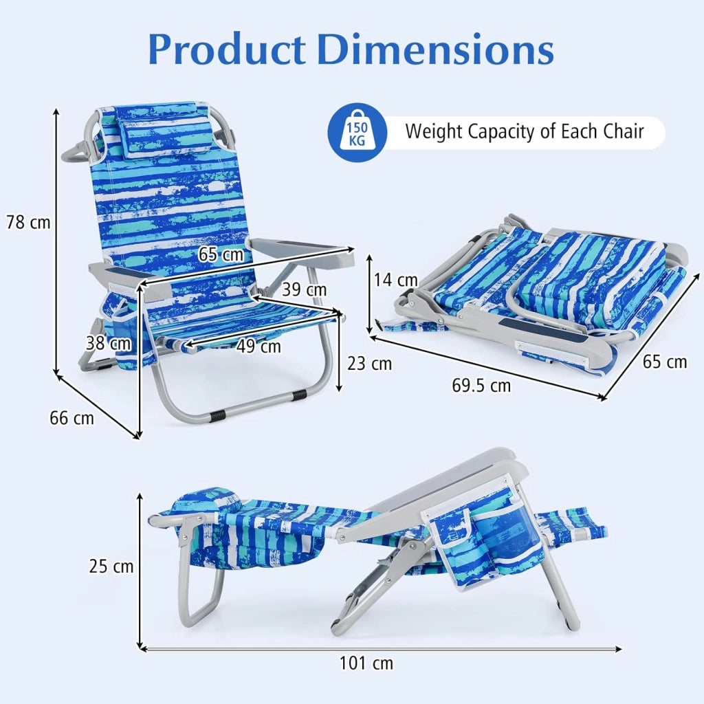 Sedia da Spiaggia Pieghevole, Spiaggina con Schienale Regolabile in 5 Posizioni, Sdraio Mare con Poggiatesta, Lettino Prendisole con Tasca Laterale, Carico 150 kg (Strisce Blu*1)