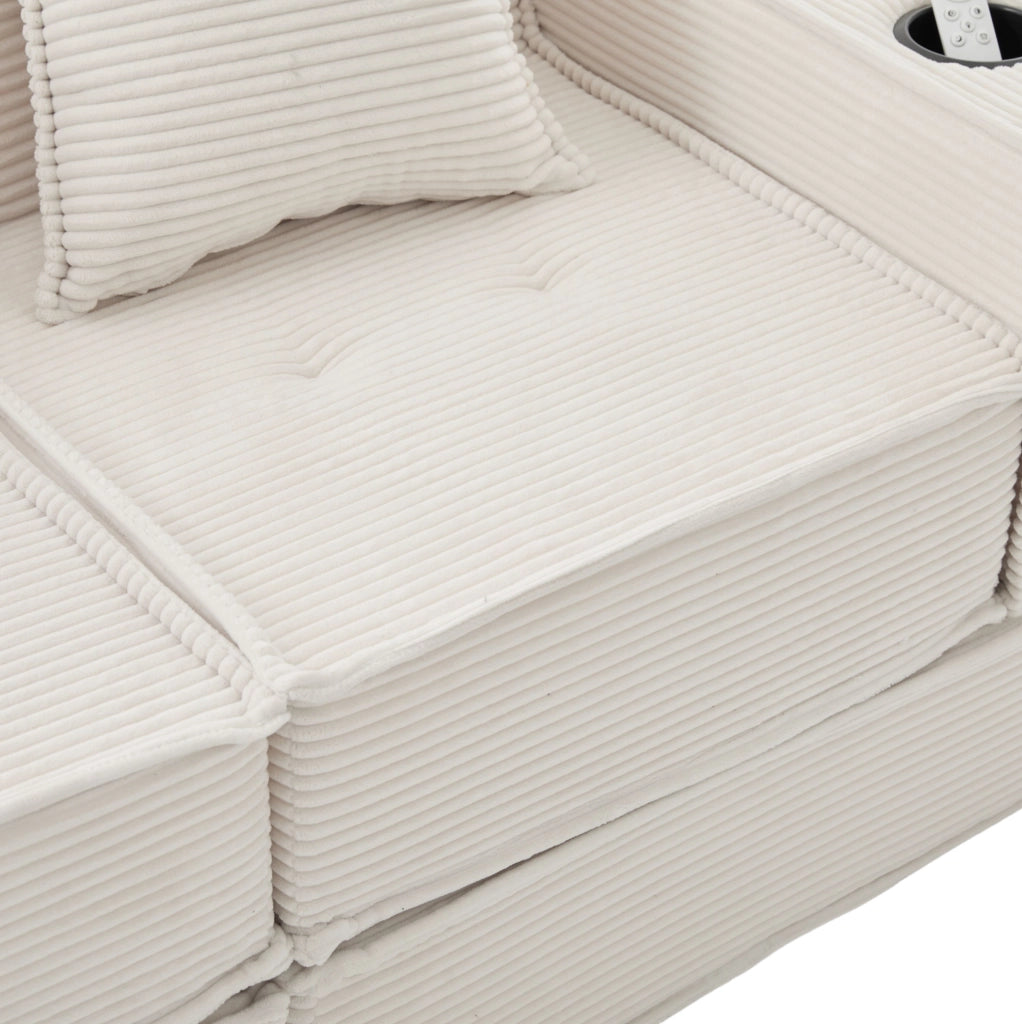 Divano pouf modulare beige in velluto a coste con 2 cuscini