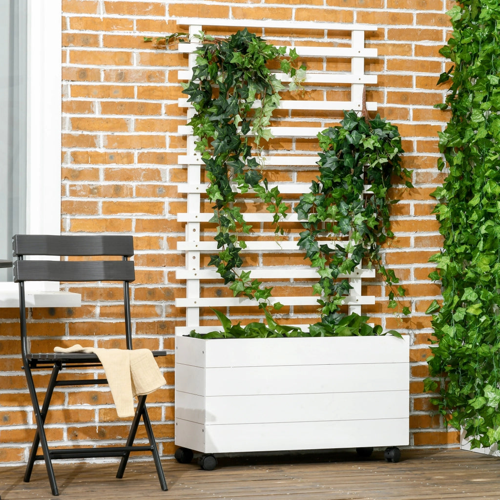 EasyComfort Fioriera Verticale con 4 Ruote e Traliccio per Piante Rampicanti in Legno, 76x30x155cm, Bianco