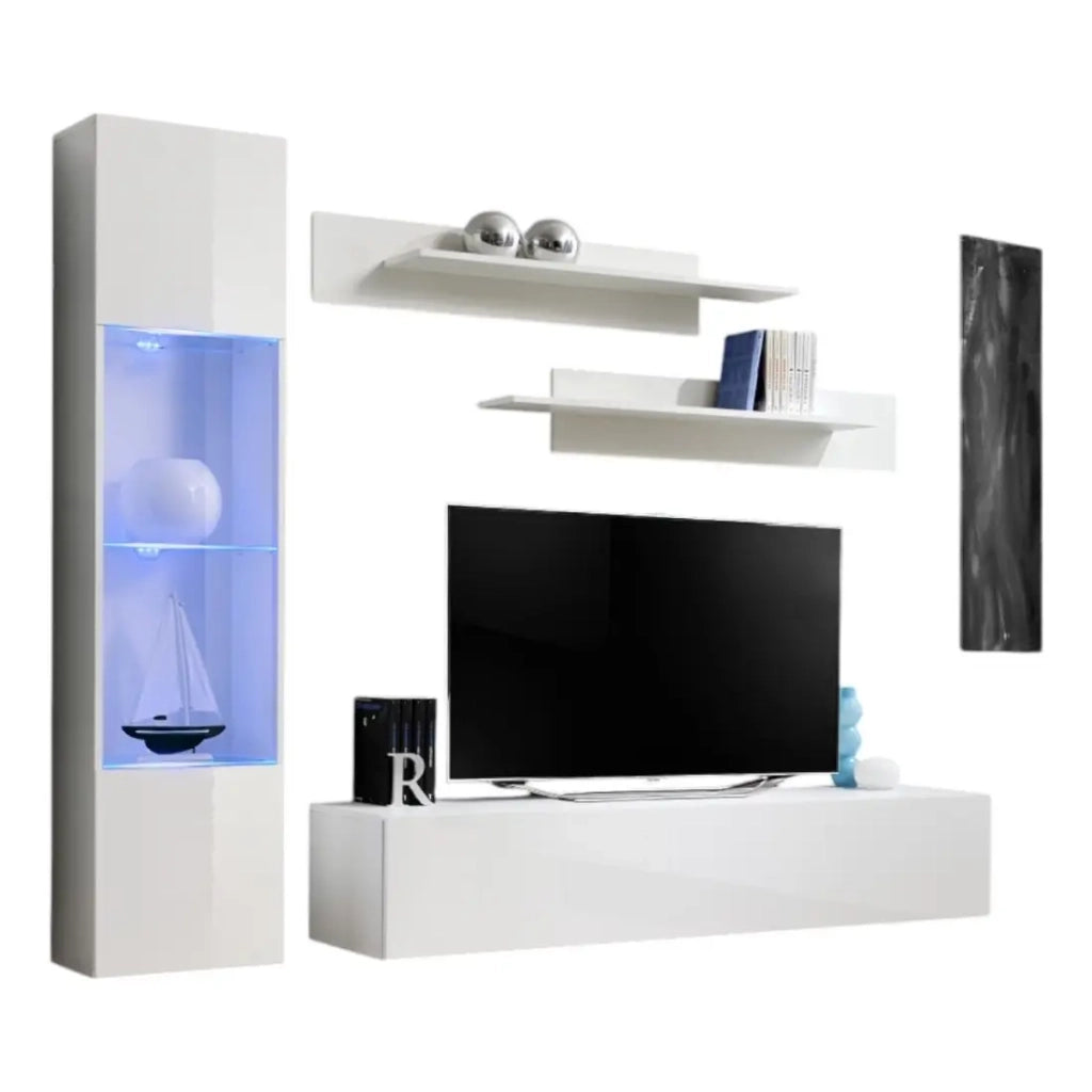 Mobile TV FLY G3 design, colore bianco lucido. Mobile sospeso moderno e alla moda per il tuo soggiorno.