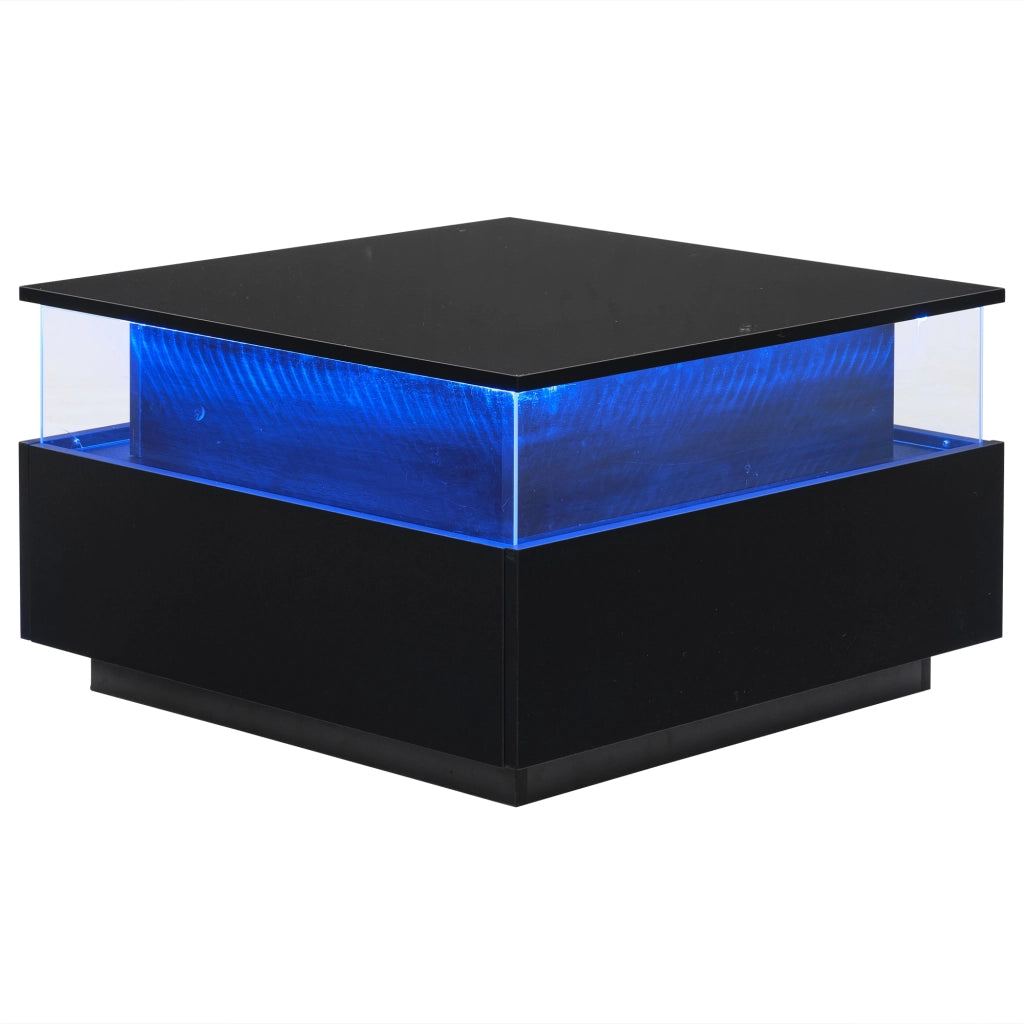Tavolino da caff¨¨ moderno nero lucido con illuminazione LED, 2 cassetti e area espositiva trasparente, 70¡Á70¡Á41 cm, portata 30 kg