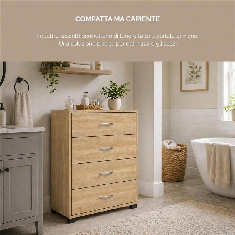 CASSETTIERA IN LEGNO CON QUATTRO CASSETTI COLORE ROVERE DIMENSIONI 68X40X82,5 CM