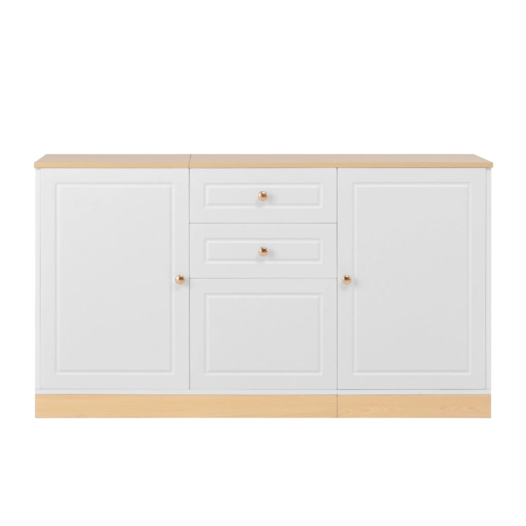 Sideboard bianco e legno con 2 ante, 2 cassetti e vano chiuso centrale, 135,5 x 39 x 76 cm