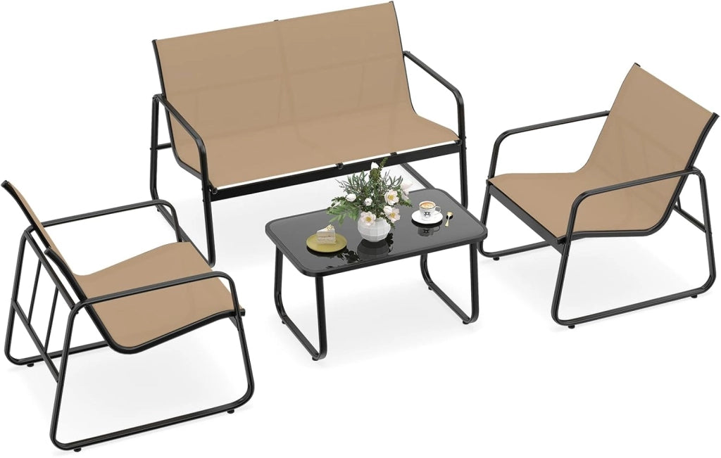 Set Tavolo e Sedie da Giardino 4 Pezzi, Tavolino in Vetro Portato 50 kg, Sedie Portata 150 kg, Panca Portata 300 kg, Set Bistro in Tessuto Textilene, per Cortile Terrazza Piscina (Nero)