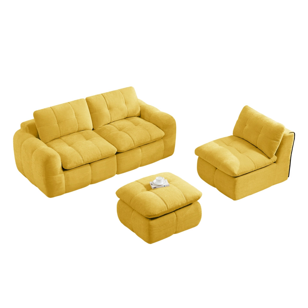 Divano modulare 3 posti - con chaise longue e pouf - per soggiorno - in chenille gialla