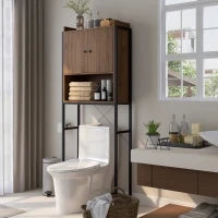 kleankin Scaffale Sopra il WC, Mobiletto per Bagno con 2 Ante e Vano, 68 x 25,5 x 172,5 cm, Marrone e Nero