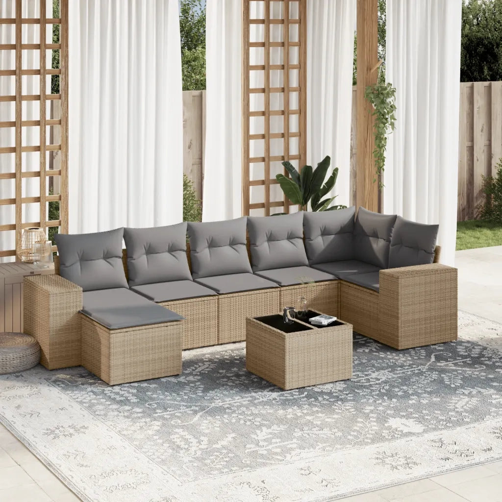 Set Divano da Giardino 8 pz con Cuscini Beige in Polyrattan
