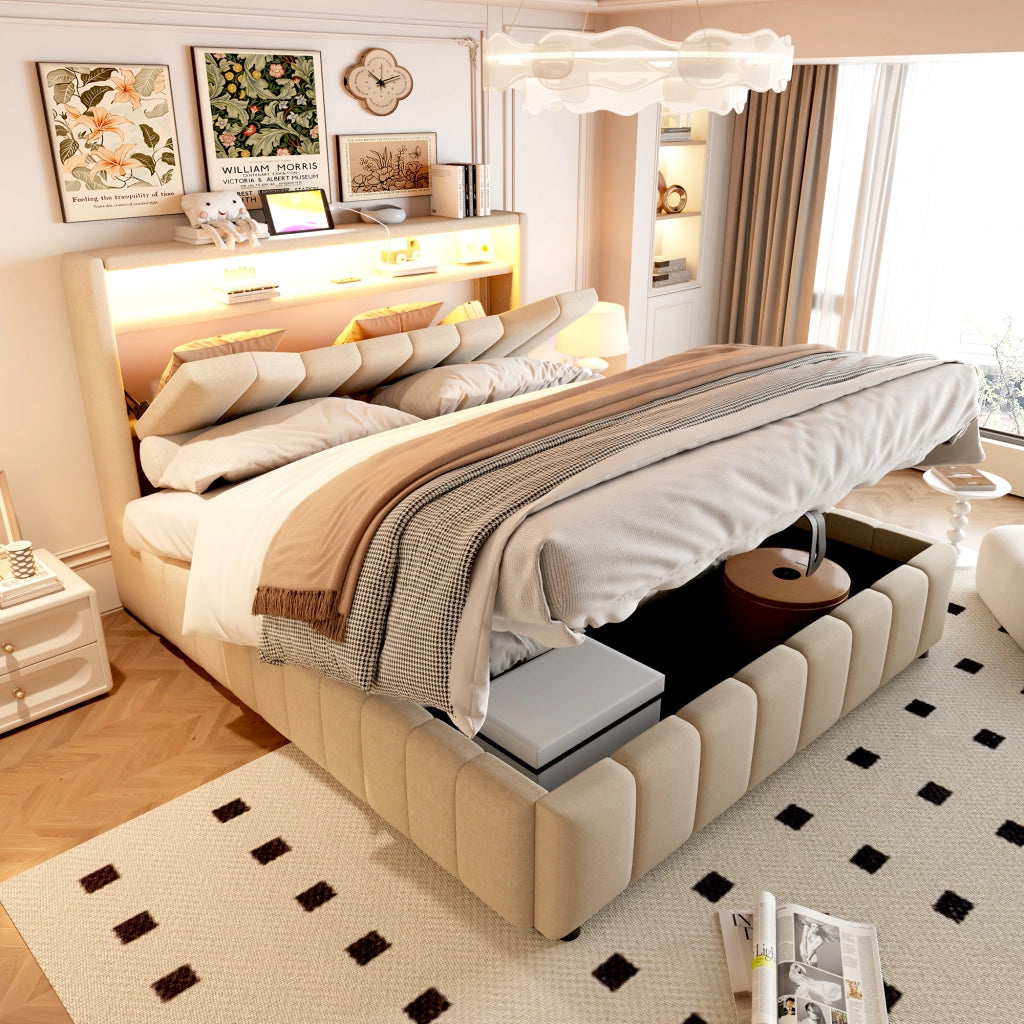 Letto contenitore 140 × 200 cm con sistema idraulico, LED, USB e USB-C, testiera con vani, senza materasso, beige