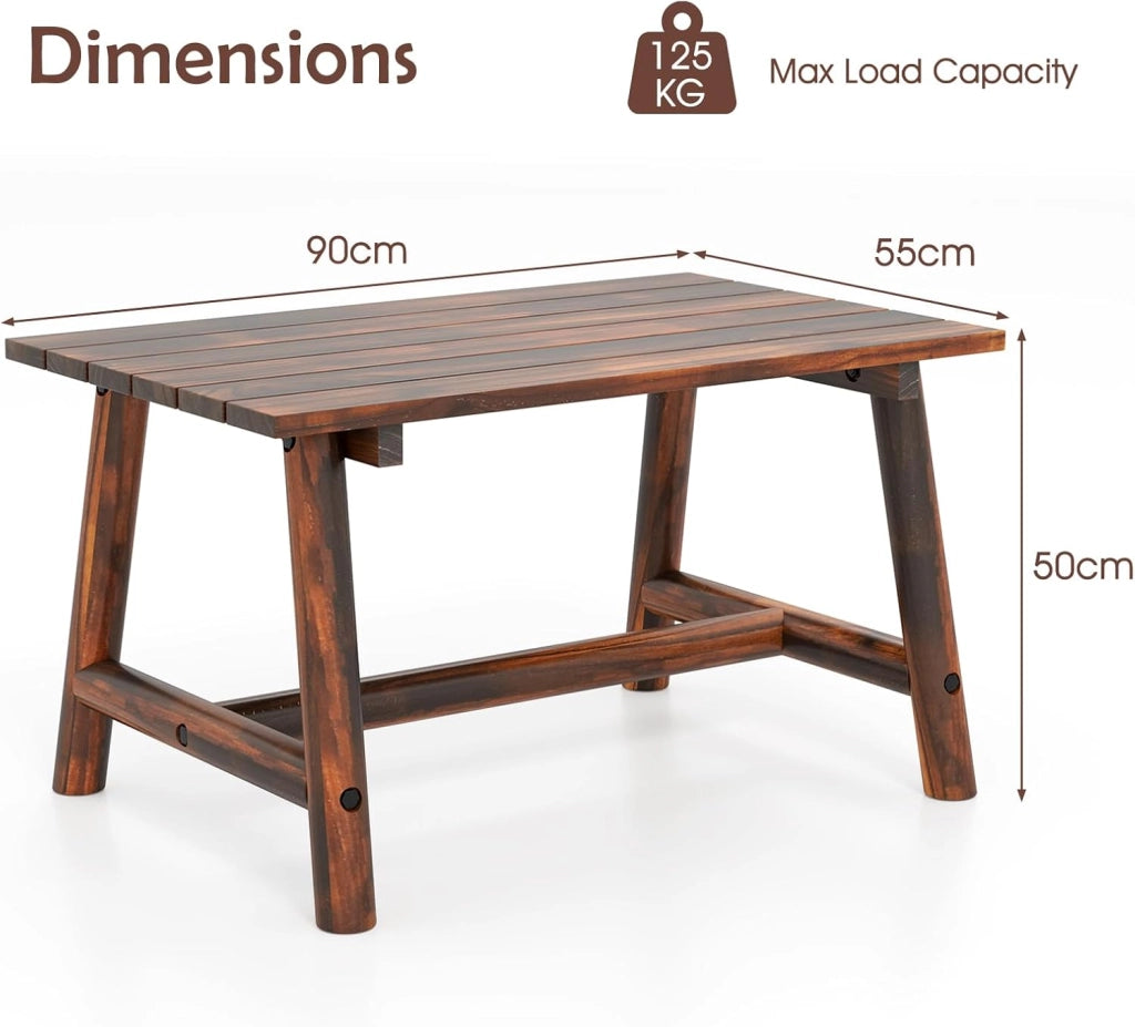 Tavolo da giardino in legno massello, tavolino ausiliario terreza esterno con carico di 125 kg, tavolino basso rettangolare con piano a doghe per balcone, patio, 90 x 55 x 50 cm (marrone)
