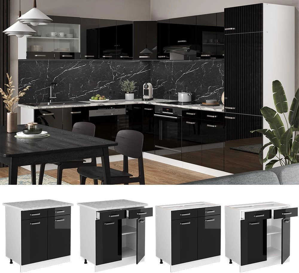 Mobiletto base per cucina R-Line, Nero lucido, 80 cm senza piano di lavoro, per la libera combinazione all'interno di sistemi cucina modulari