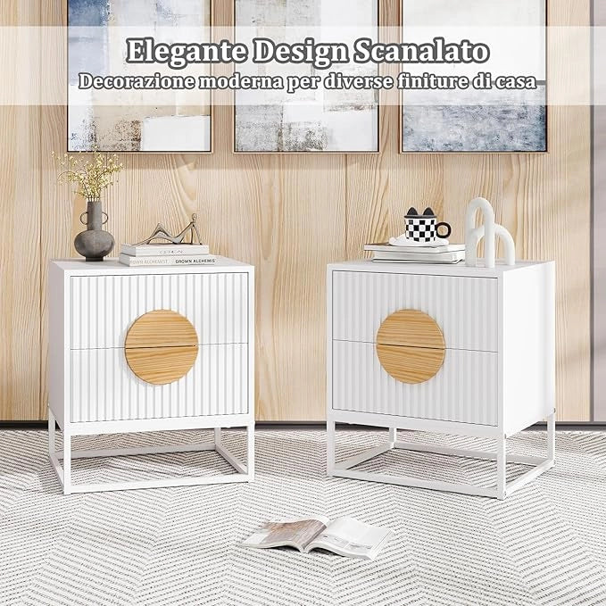 Comodino a 2 Cassetti, Tavolino con Maniglie in Legno di Pino e Struttura in Metallo, Cassettiera Salvaspazia Moderna per Camera da Letto e Soggiorno, 48 x 40 x 55 cm