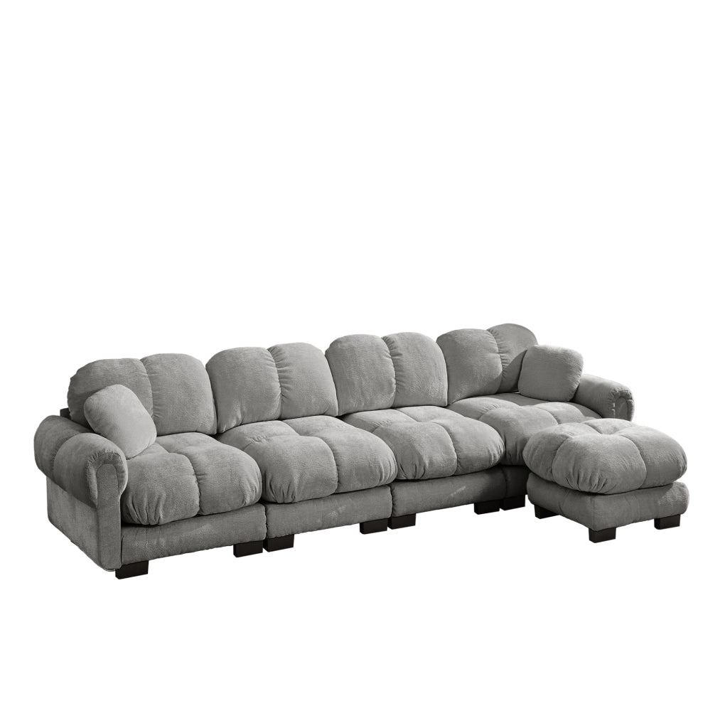 Divano angolare modulare 4 posti in ciniglia; con pouf mobile; grigio chiaro