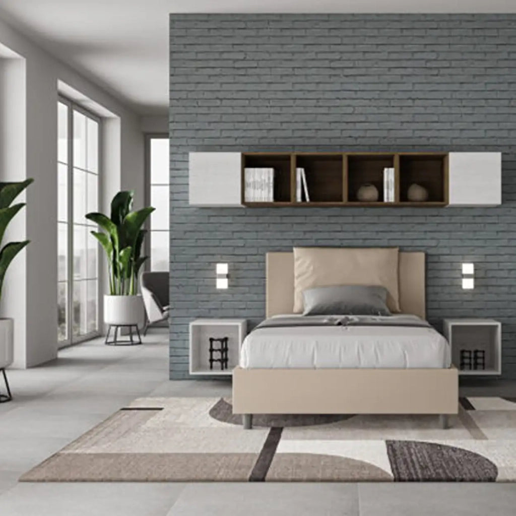 Letto una piazza e mezza contenitore imbottito 120x190 similpelle tortora Antea