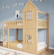 Letto a castello 90x200 cm con scala e finestre in legno di pino e MDF colore naturale
