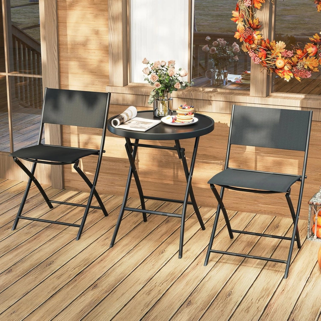 Set da bistrot da 3 pezzi, pieghevole, set da giardino in tessuto tessile con telaio in metallo, set da tavolo in vetro temperato e 2 sedie, set da pranzo per balcone, terreza