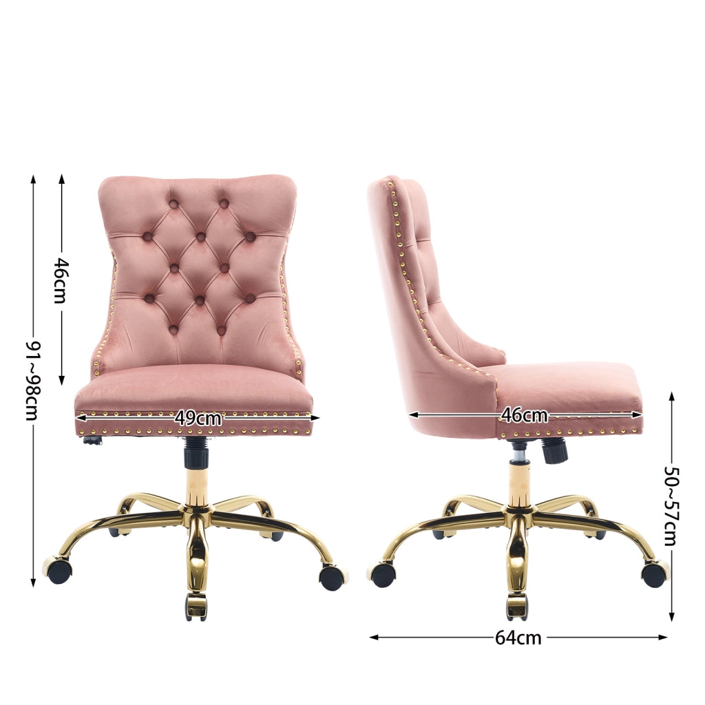 sedia da ufficio girevole regolabile con schienale trapuntato e base in metallo dorato; velluto rosa