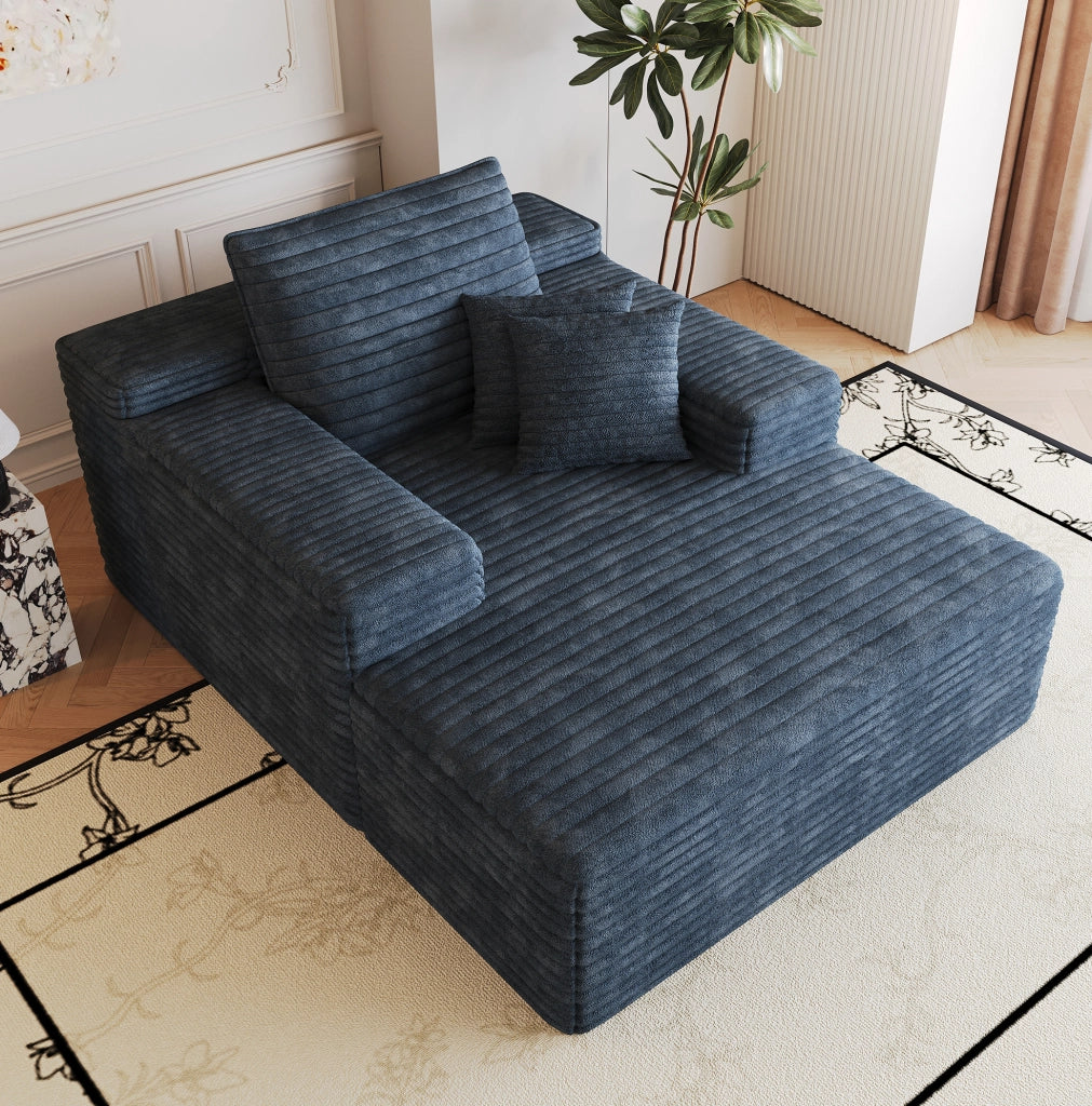 Divano con chaise longue in velluto a coste blu; schiuma ad alta elasticità