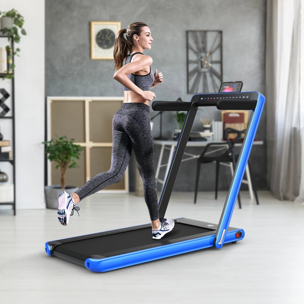 Tapis roulant con doppio display a LED telecomando supporto per telefono, Tapis roulant pieghevole 2,25HP Blu