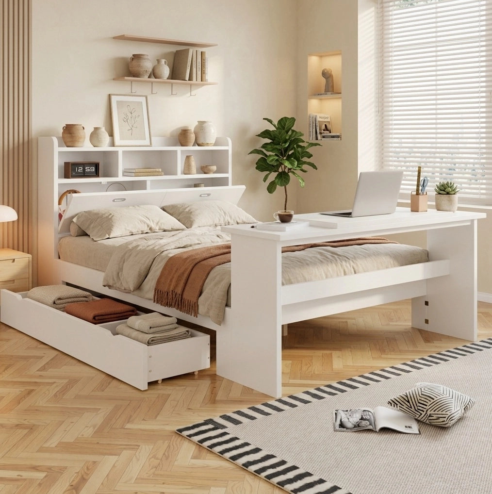 Letto singolo 140x200 cm con scrivania pieghevole e cassetto