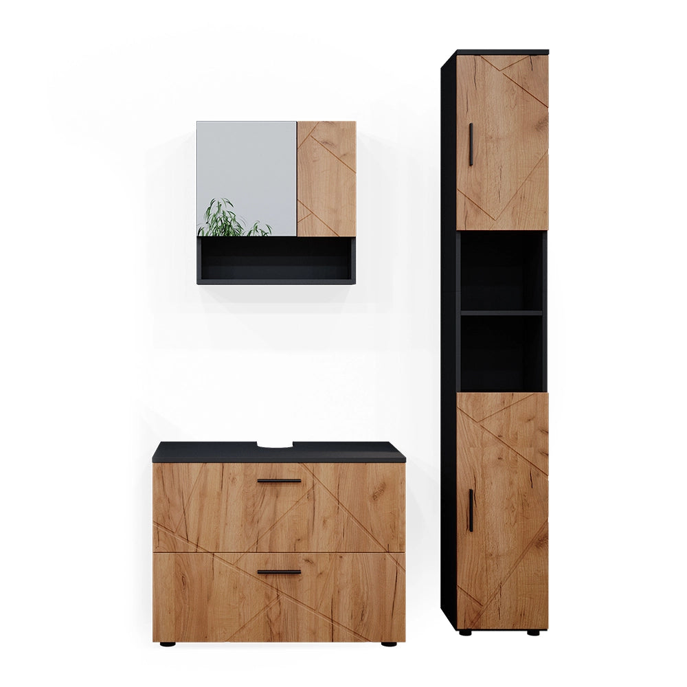 Vicco Set mobili bagno Quercia dorata/antracite 3 parti, con cassettiera e colonna