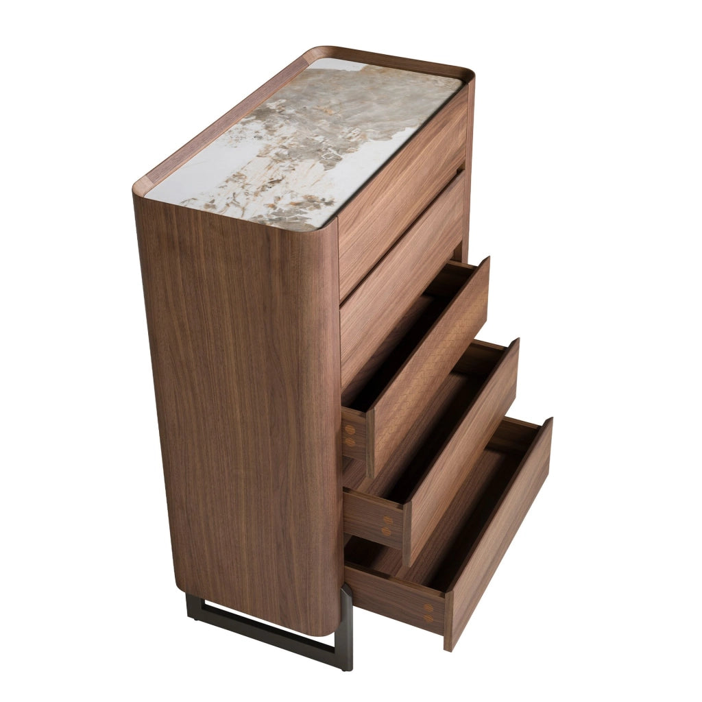 Chiffoniera in noce e acciaio scuro metallizzato con piano in marmo porcellanato