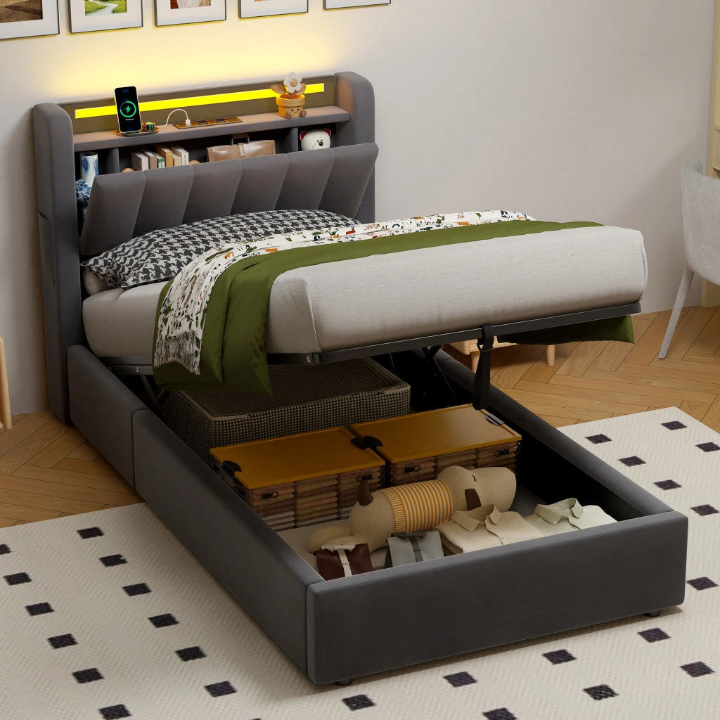 Letto Imbottito 90x190 cm in Velluto con Contenitore Idraulico, LED e Porte USB