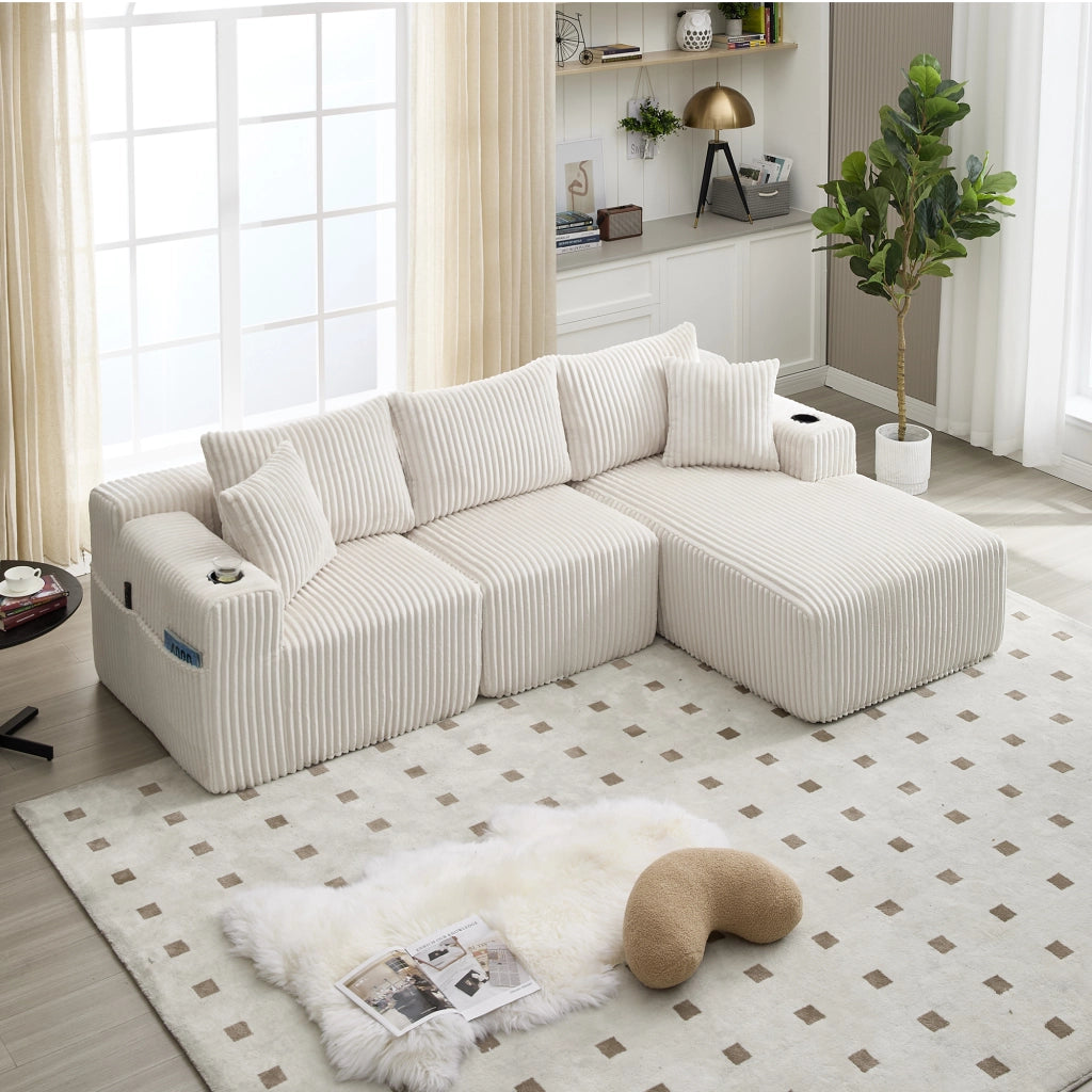 Divano modulare con chaise longue e 2 posti, tasche laterali, portabicchieri e 5 cuscini in corduroy beige