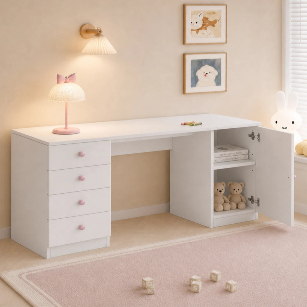 Scrivania bianca per bambini con 4 cassetti e maniglie rosa 155x45x74 cm