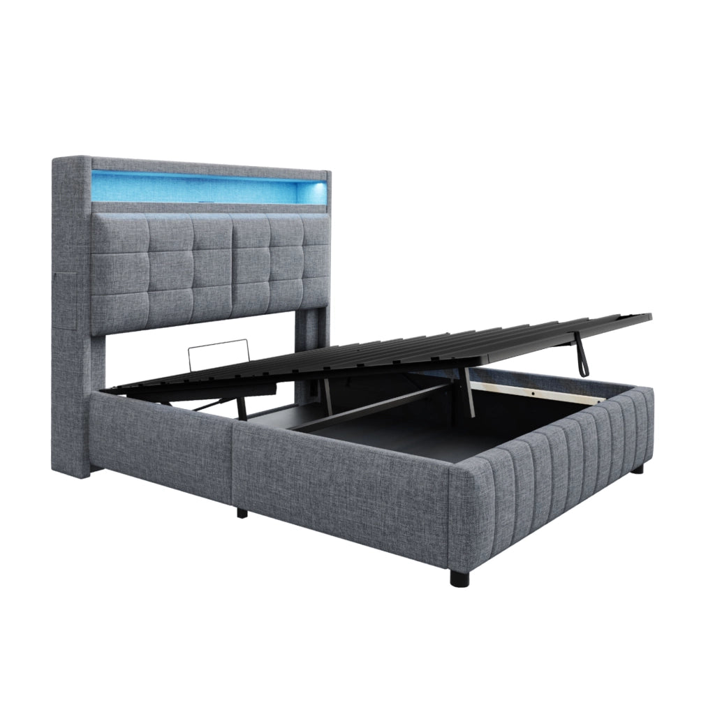 Letto imbottito 160x200 cm con LED; USB e contenitore in tessuto di lino grigio