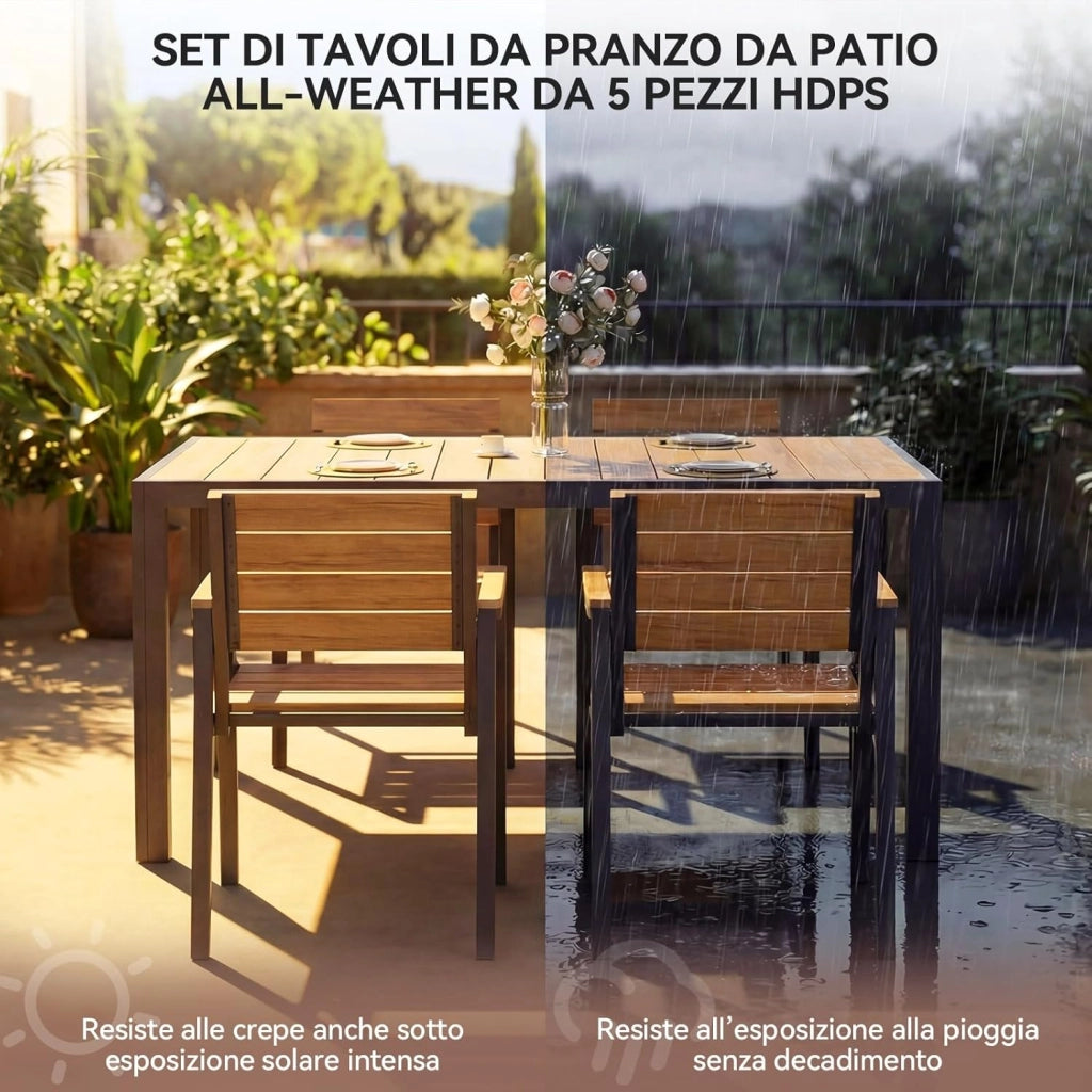 HDPS Set Tavolo e Sedie da Giardino 5 Pezzi Resistente alle Intemperie, Completo di Tavolo 150 cm e 4 Sedie da Esterno in Alluminio, Finitura a Vena di Legno e Facile da Manutenzionare,Naturale