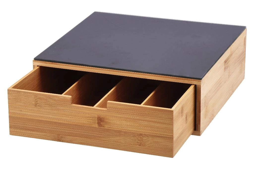 Cassetto Portacialde Portacapsule in Bamboo Ripiano in Vetro Nero 32 x 30 x 11 cm