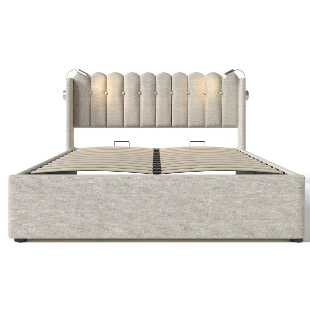 Letto matrimoniale 160x200 cm in tessuto lino naturale con lampada da lettura; USB e contenitore